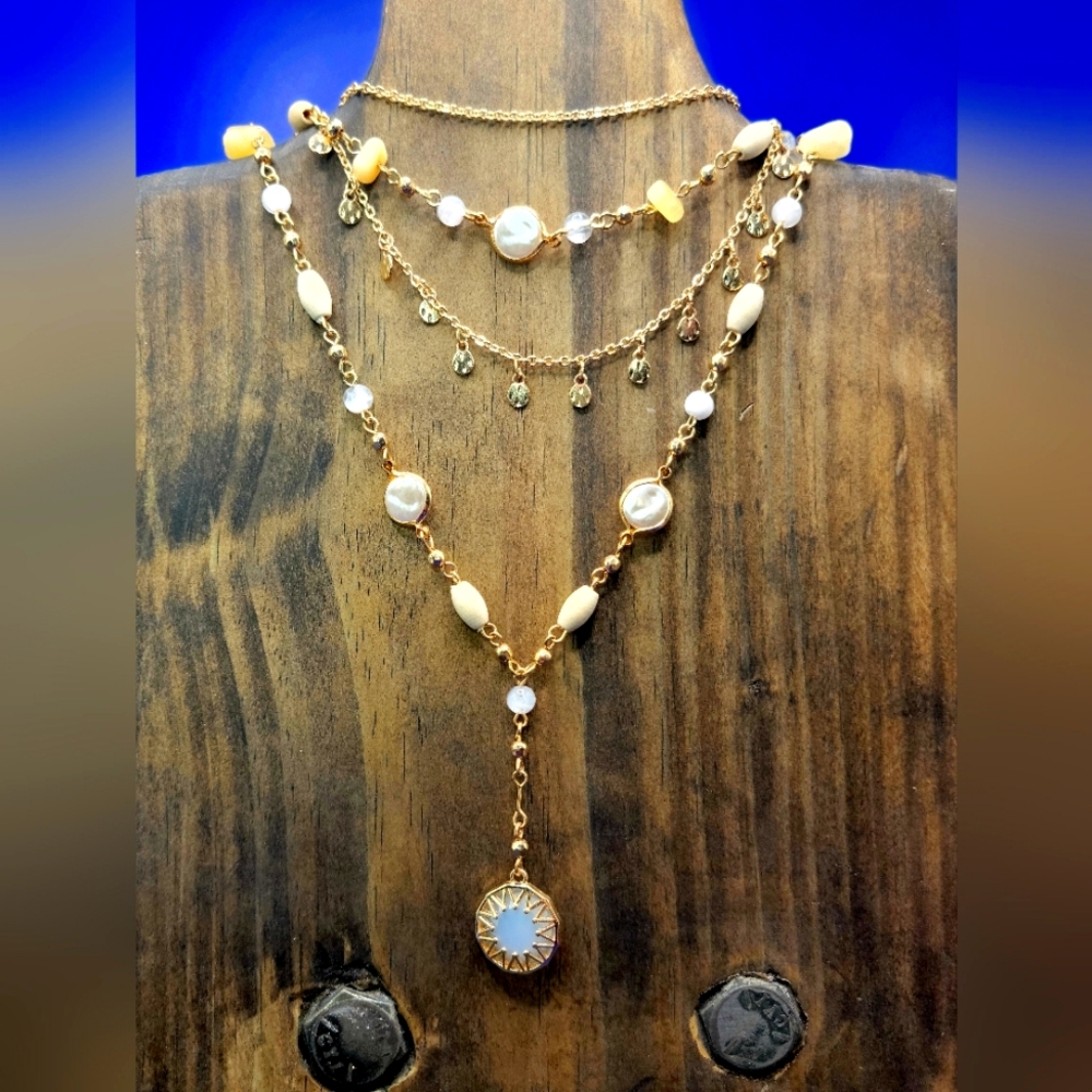 MULTISTRAND LAYERED GOLDTONE PRARLS GLASS STONE PENDANT NECKLACE (018NECK)